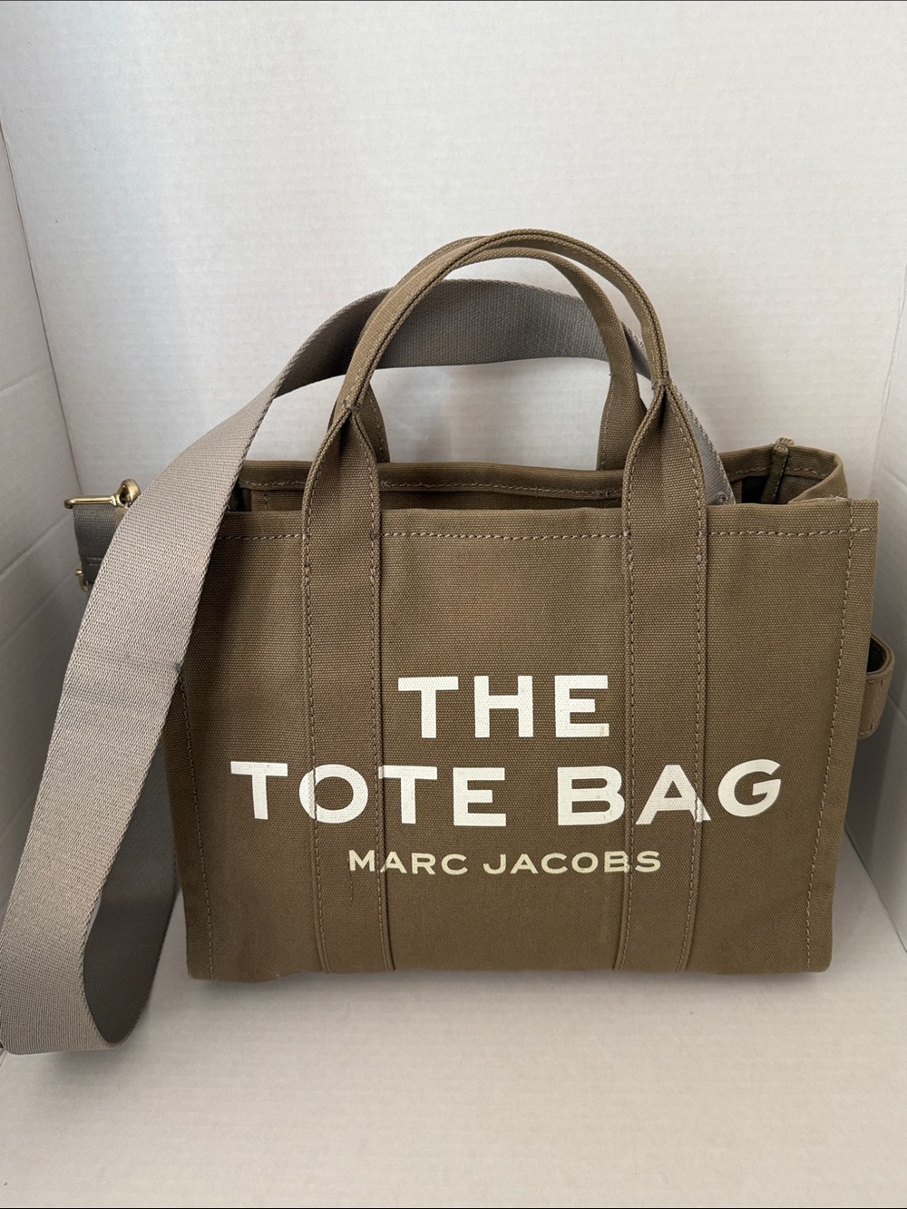 Marc Jacobs The Tote Medium Bag Olive Brown Canvas Tote with Bold Brand Logo
